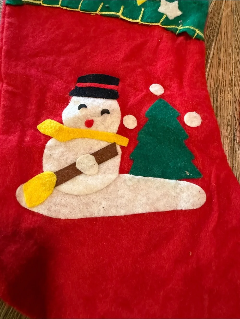 Pair of vintage felt appliqué Christmas stockings snowman and Santa